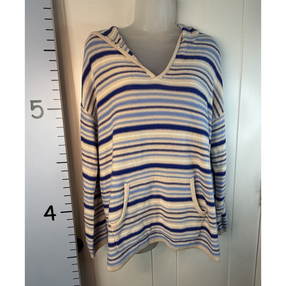 Cato Woman Blue Striped Knit Hoodie V-Neck Whipstitch Pullover Sweater Large‎